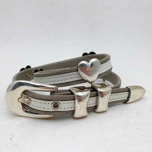 BB Simon Vintage Silver Heart Mesh White Leather Skinny Western Belt Women Small